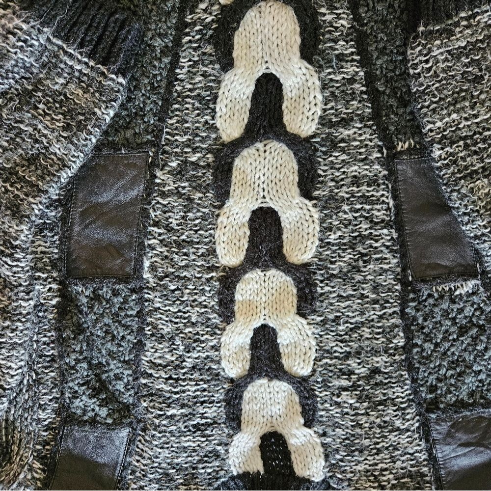 Vintage Street Scene 80s Black, White and Grey Leather Accent Fuzzy Sweater - Picture 3 of 6